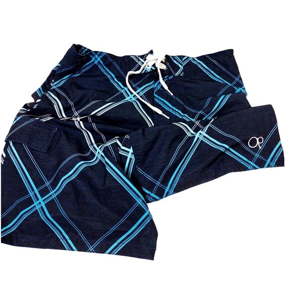 VTG Ocean Pacific OP Board Shorts Men's Size M Navy Plaid Pockets Swim Trunks - Picture 3 of 7